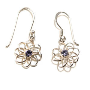Sterling Silver Flower Shaped Dangle 925 Clear Purple Gem Classic Earrings 1.2g